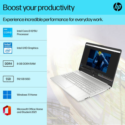 HP 15s (2023) Intel Core i3 12th Gen - (8 GB/512 GB SSD/Windows 11 Home) 15s-fy5003TU पतला और हल्का लैपटॉप - 15.6 इंच, नेचुरल सिल्वर, 1.69 किलोग्राम, MS ऑफिस के साथ