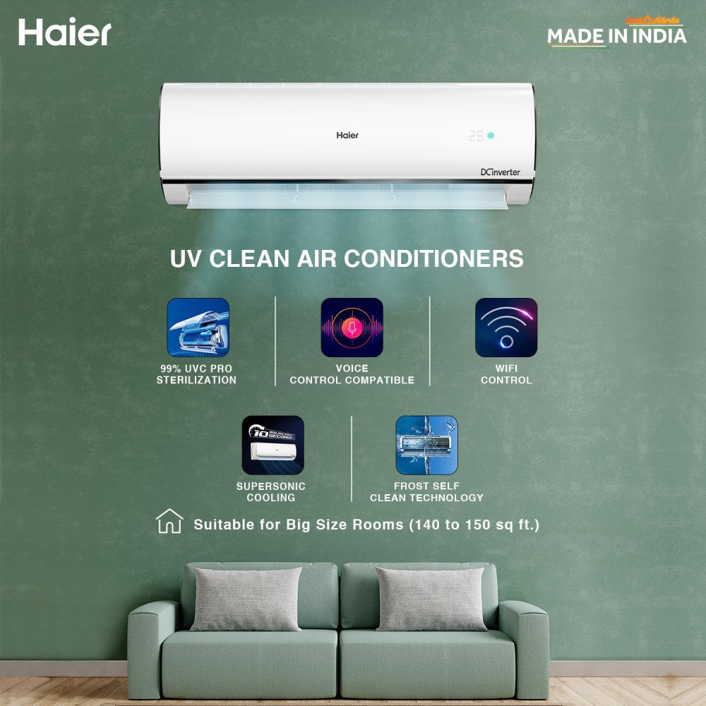 Haier UVC Sterilization 2023 Model 1.6 Ton 5 Star Split Inverter Frost Self-clean technology, Supersonic Cooling, Intelli Convertible 7-in-1 AC with Wi-fi Connect  - White - HS19U-PYFC5BE-INV/HU19-5BE-INV, Copper Condenser