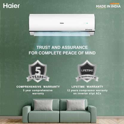 Haier UVC Sterilization 2023 Model 1.6 Ton 5 Star Split Inverter Frost Self-clean technology, Supersonic Cooling, Intelli Convertible 7-in-1 AC with Wi-fi Connect  - White - HS19U-PYFC5BE-INV/HU19-5BE-INV, Copper Condenser