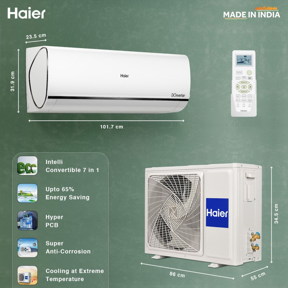 Haier UVC Sterilization 2023 Model 1.6 Ton 5 Star Split Inverter Frost Self-clean technology, Supersonic Cooling, Intelli Convertible 7-in-1 AC with Wi-fi Connect  - White - HS19U-PYFC5BE-INV/HU19-5BE-INV, Copper Condenser