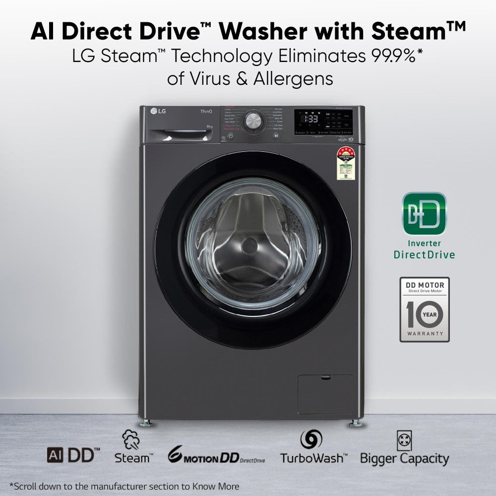 LG 8 kg AI Direct Drive Technolog Fully Automatic Front Load Washing Machine Black - FHP1208Z3M