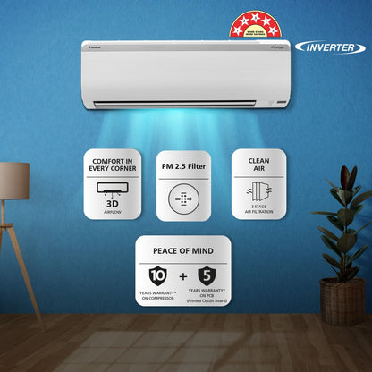 Daikin 1 टन 5 स्टार स्प्लिट इन्वर्टर AC PM 2.5 फ़िल्टर के साथ - सफ़ेद - MTKM35UV16W/RKM35UV16W/MTKM35UV16W, कॉपर कंडेंसर