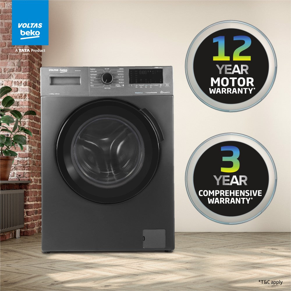 Voltas Beko 6.5 kg Steam wash &Bluetooth enabled HomeWhiz Fully Automatic Front Load Washing Machine with In-built Heater Grey - WFL6512VTMP