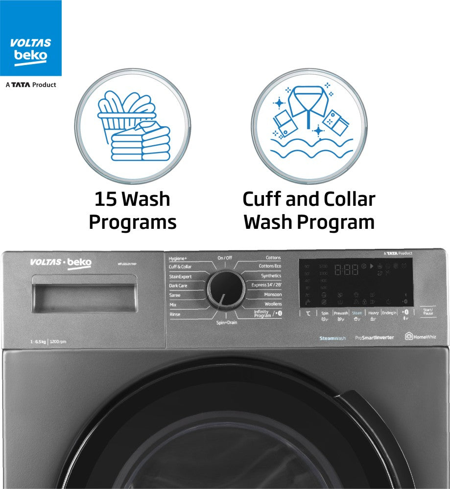 Voltas Beko 6.5 kg Steam wash &Bluetooth enabled HomeWhiz Fully Automatic Front Load Washing Machine with In-built Heater Grey - WFL6512VTMP