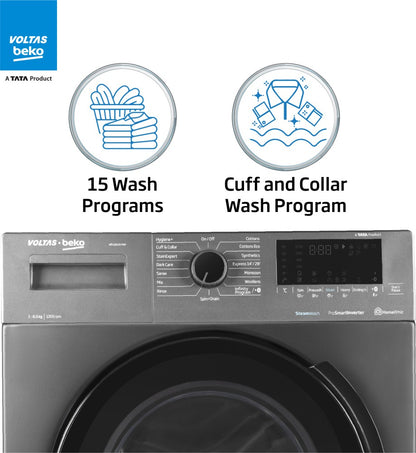 Voltas Beko 6.5 kg Steam wash &Bluetooth enabled HomeWhiz Fully Automatic Front Load Washing Machine with In-built Heater Grey - WFL6512VTMP