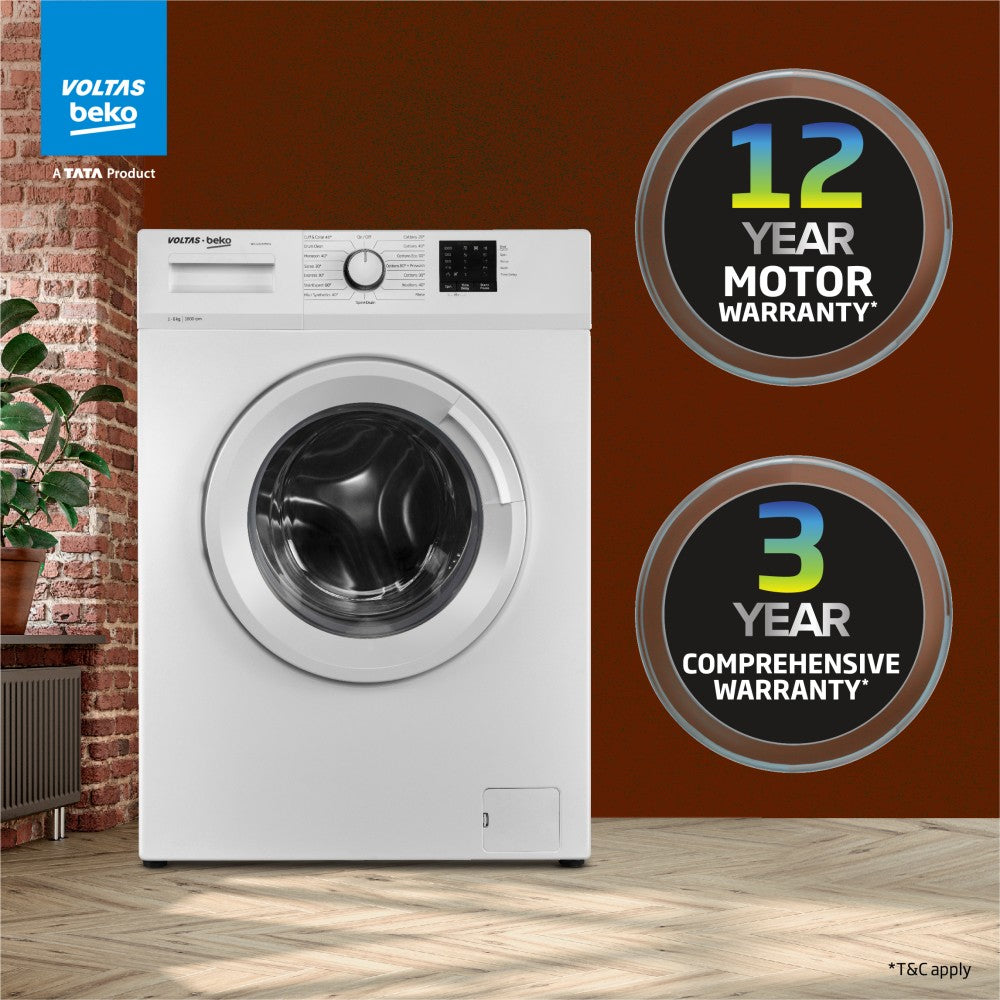 Voltas Beko 6 kg हाइजीन+ और प्रो स्मार्ट इन्वर्टर मोटर फुली ऑटोमैटिक फ्रंट लोड वाशिंग मशीन इन-बिल्ट हीटर व्हाइट के साथ - WFL6010VPWW