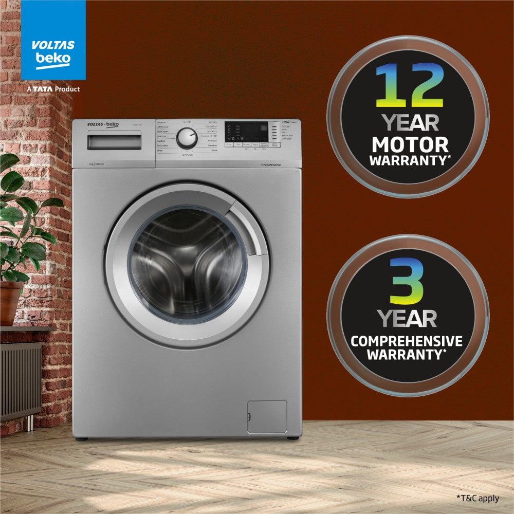 Voltas Beko 6 kg हाइजीन+ और प्रो स्मार्ट इन्वर्टर मोटर इन-बिल्ट हीटर ग्रे के साथ फुली ऑटोमैटिक फ्रंट लोड वाशिंग मशीन - WFL6010VPSS