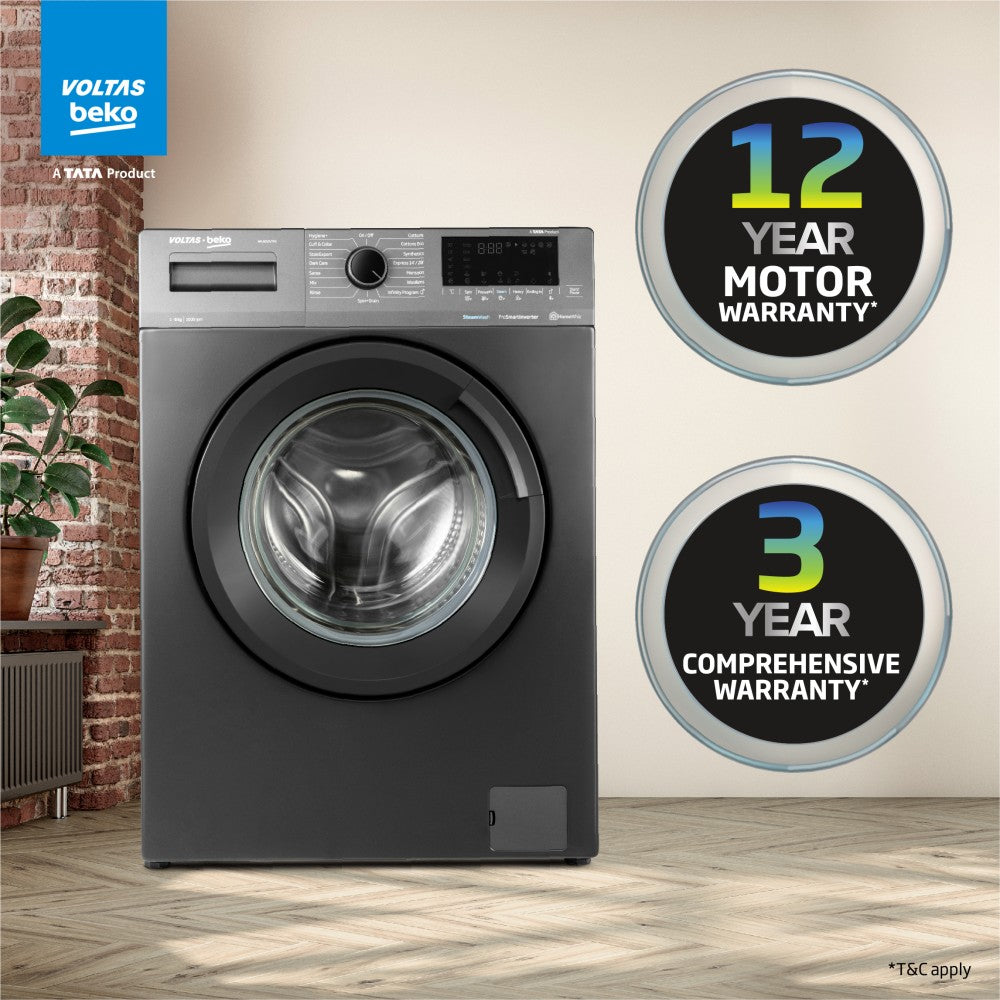 Voltas Beko 6 kg स्टीम वॉश और ब्लूटूथ सक्षम इन-बिल्ट हीटर ग्रे के साथ पूरी तरह से स्वचालित फ्रंट लोड वाशिंग मशीन - WFL6010VTMS