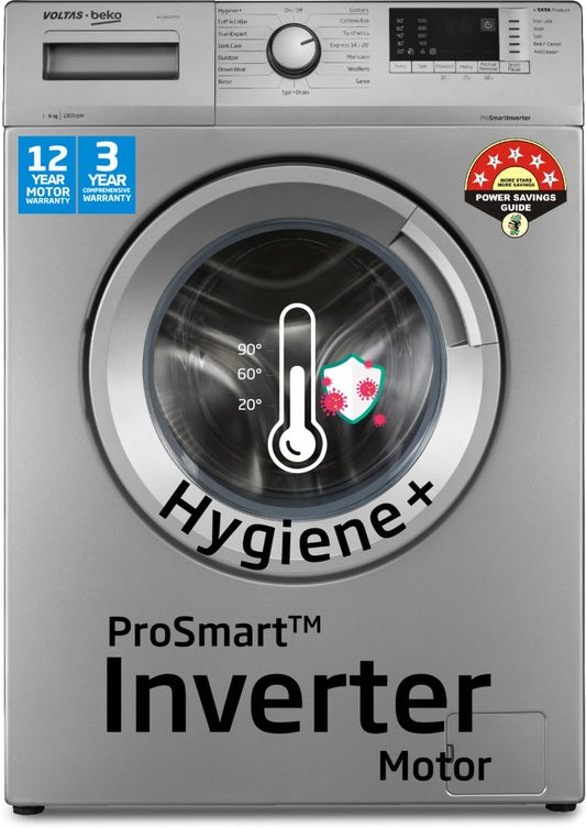 Voltas Beko 6 kg हाइजीन+ और प्रो स्मार्ट इन्वर्टर मोटर इन-बिल्ट हीटर ग्रे के साथ फुली ऑटोमैटिक फ्रंट लोड वाशिंग मशीन - WFL6010VPSS
