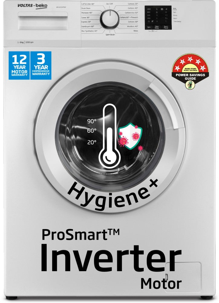 Voltas Beko 6 kg हाइजीन+ और प्रो स्मार्ट इन्वर्टर मोटर फुली ऑटोमैटिक फ्रंट लोड वाशिंग मशीन इन-बिल्ट हीटर व्हाइट के साथ - WFL6010VPWW