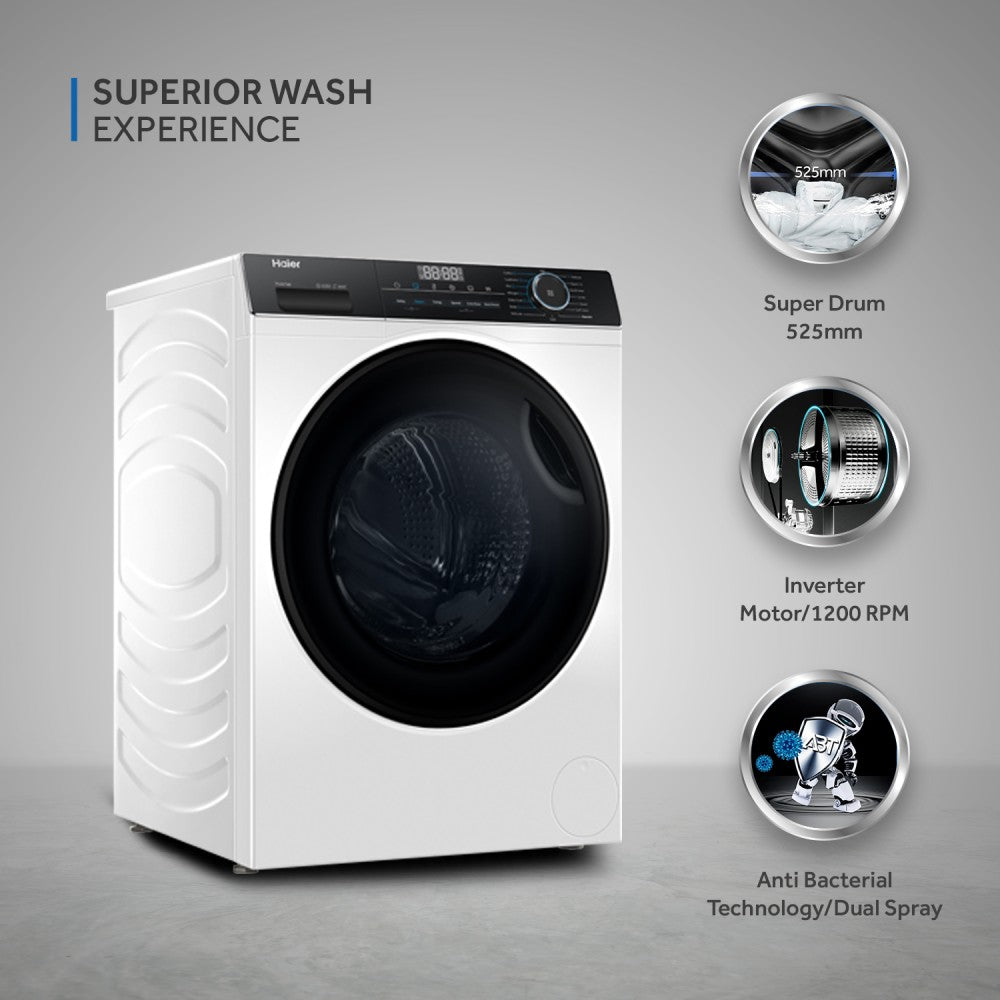 Haier 8 kg 5 Star Super Drum Inverter Washing Machine Fully Automatic Front Load Black, White - HW80-IM12929C