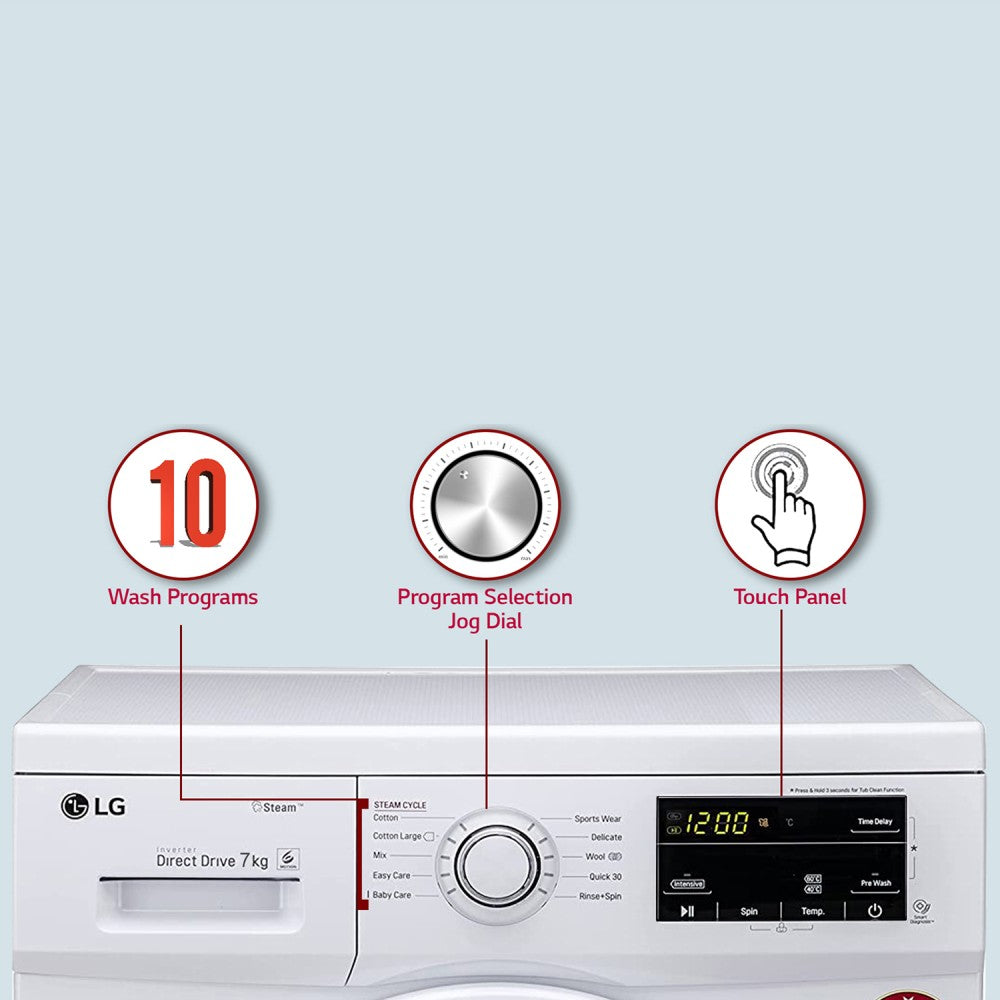 LG 7 kg स्टीम फुल्ली ऑटोमैटिक फ्रंट लोड वाशिंग मशीन इन-बिल्ट हीटर के साथ सफ़ेद - FHM1207SDW