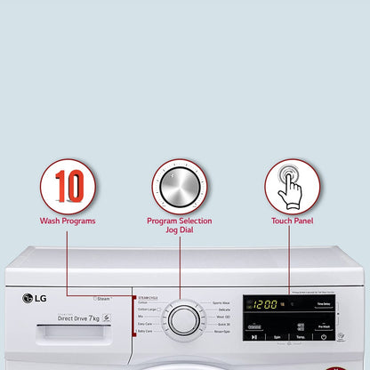 LG 7 kg स्टीम फुल्ली ऑटोमैटिक फ्रंट लोड वाशिंग मशीन इन-बिल्ट हीटर के साथ सफ़ेद - FHM1207SDW