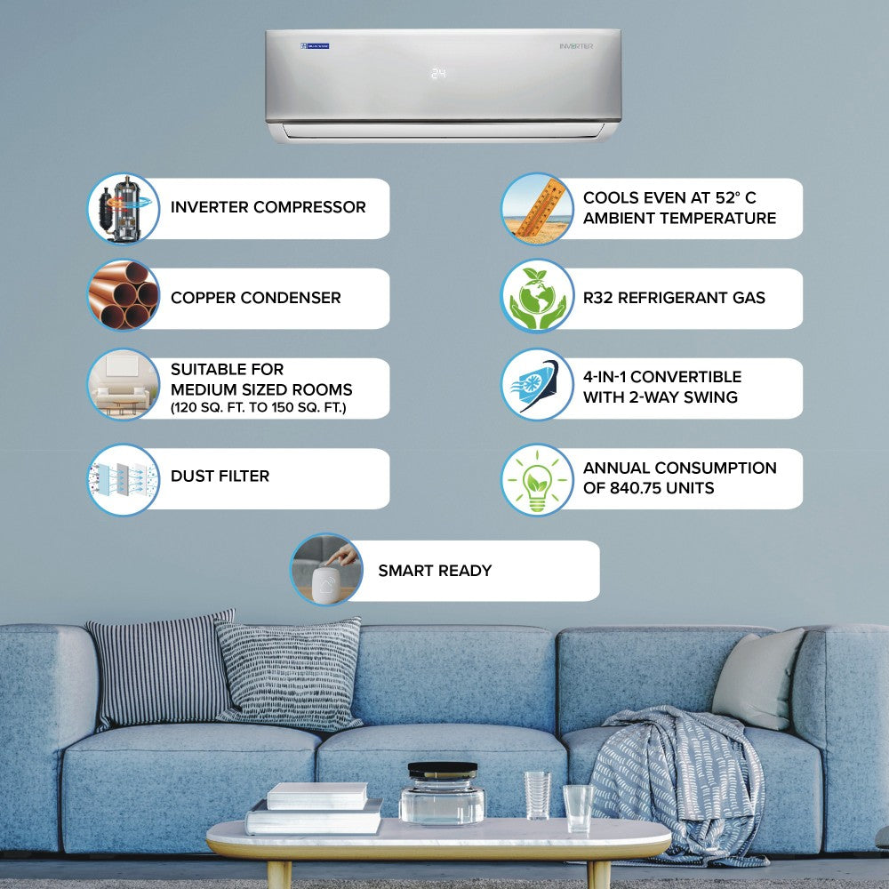 ब्लू स्टार कन्वर्टिबल 4 इन 1 कूलिंग 2023 मॉडल 1.5 टन 4 स्टार स्प्लिट इन्वर्टर मल्टी सेंसर, स्टेबलाइजर फ्री ऑपरेशन, सेल्फ डायग्नोसिस, डस्ट फिल्टर एसी - व्हाइट - IA418DNU, कॉपर कंडेंसर