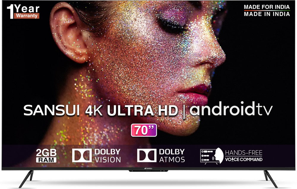 Sansui 178 cm (70 inch) Ultra HD (4K) LED Smart Android TV with Hands Free Voice Command - JSW70ASUHDFF