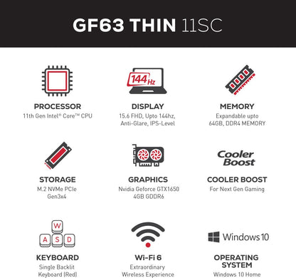 MSI Core i5 11वीं जेनरेशन - (16GB/512GB SSD/Windows 11 Home/4GB ग्राफ़िक्स/NVIDIA GeForce GTX 1650) GF63 थिन 11SC-1400IN गेमिंग लैपटॉप - 15.6 इंच, काला, 1.86 Kg