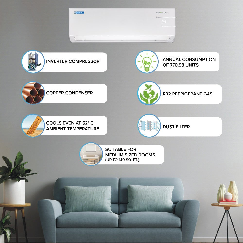 ब्लू स्टार कन्वर्टिबल 5 इन 1 कूलिंग 2023 मॉडल 1.5 टन 5 स्टार स्प्लिट इन्वर्टर मल्टी सेंसर, स्टेबलाइजर फ्री ऑपरेशन, सेल्फ डायग्नोसिस, डस्ट फिल्टर एसी - व्हाइट - IC518YNU, कॉपर कंडेंसर