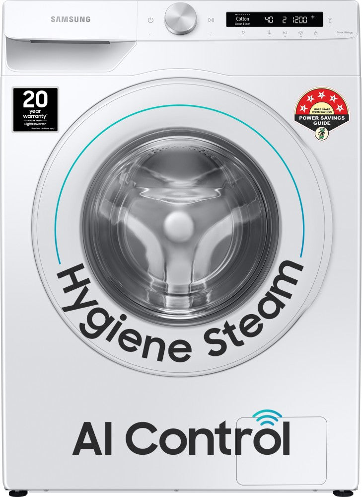सैमसंग 7 किलो 5 स्टार एआई कंट्रोल, वाई-फाई और डिजिटल इन्वर्टर के साथ इन-बिल्ट हीटर व्हाइट के साथ फुली ऑटोमैटिक फ्रंट लोड वाशिंग मशीन - WW70T502NTW1TL
