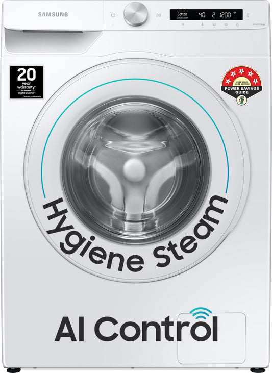 सैमसंग 7 किलो 5 स्टार एआई कंट्रोल, वाई-फाई और डिजिटल इन्वर्टर के साथ इन-बिल्ट हीटर व्हाइट के साथ फुली ऑटोमैटिक फ्रंट लोड वाशिंग मशीन - WW70T502NTW1TL
