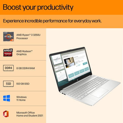 HP 15s (2023) Ryzen 3 Dual Core 3250U - (8 GB/512 GB SSD/Windows 11 Home) 15s- eq1580AU पतला और हल्का लैपटॉप - 15.6 इंच, नेचुरल सिल्वर, 1.69 किलोग्राम, MS ऑफिस के साथ