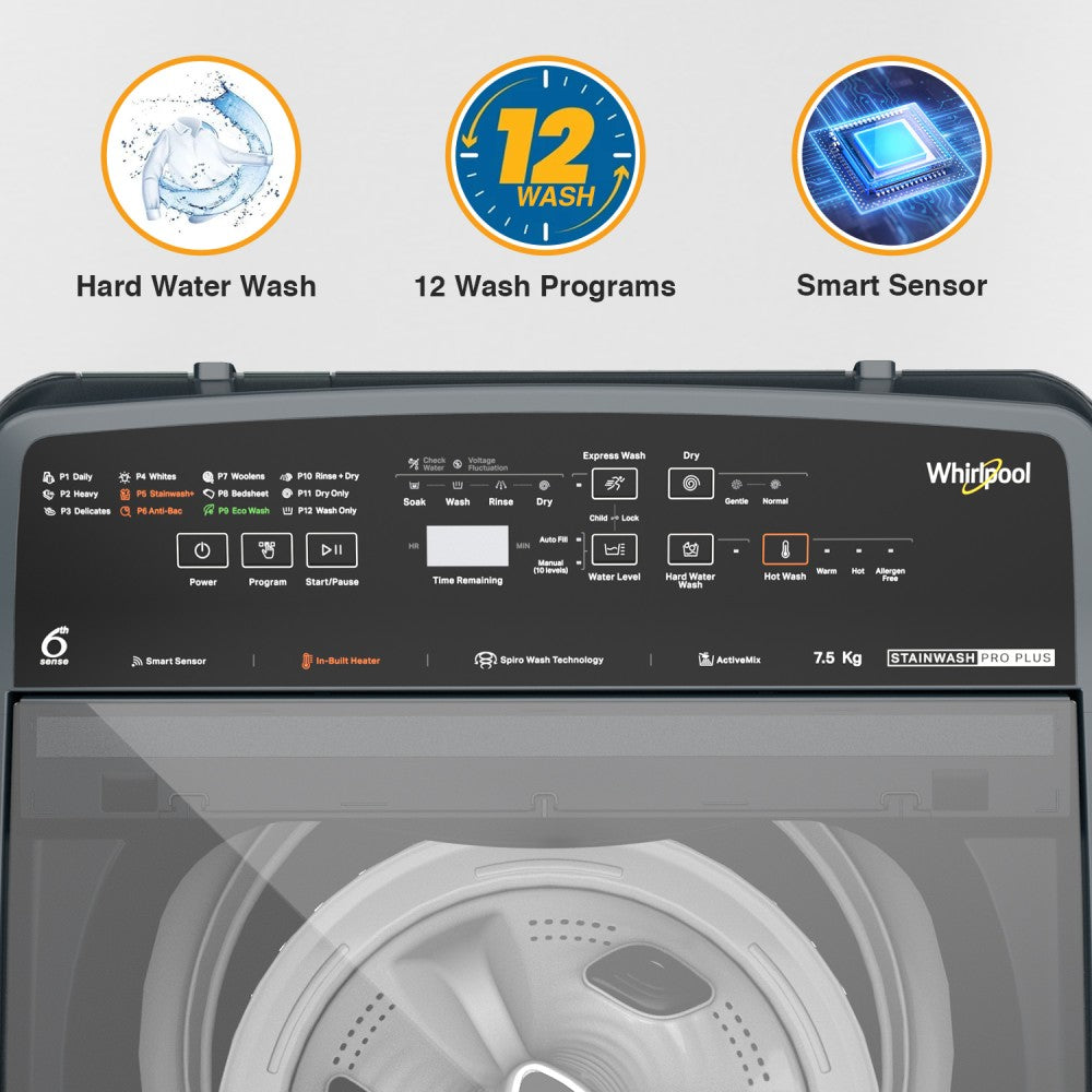 Whirlpool 7.5 kg Fully Automatic Top Load Washing Machine with In-built Heater Grey - SW PRO PLUS H 7.5 KG Mid Night Grey 10YMW