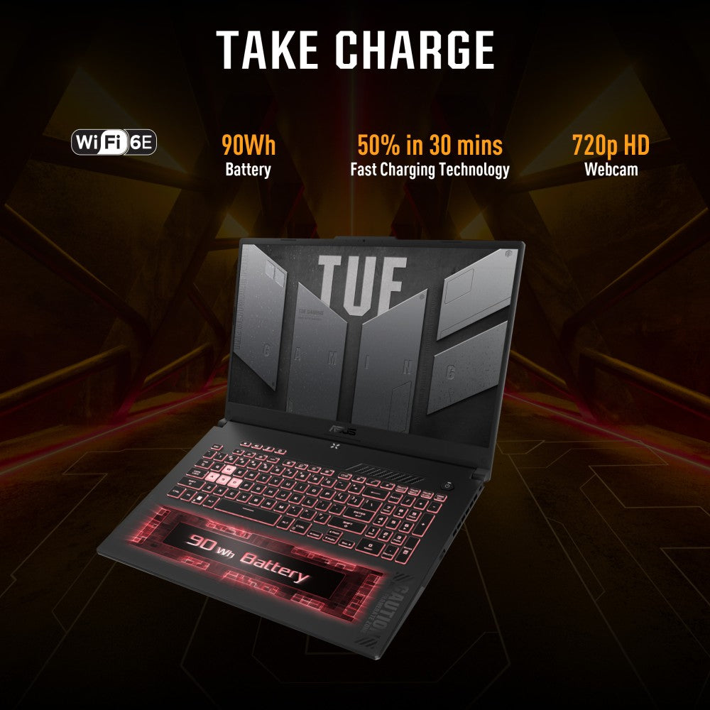 ASUS TUF गेमिंग F15 (2023) 90WHr बैटरी के साथ Intel H-Series Core i7 13वीं पीढ़ी - (16 GB/512 GB SSD/Windows 11 Home/6 GB ग्राफ़िक्स/NVIDIA GeForce RTX 4050/144 Hz) FX507VU-LP083WS गेमिंग लैपटॉप - 15.6 इंच, मेचा ग्रे, 2.20 किलोग्राम, एमएस ऑफिस के साथ