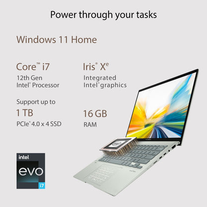 ASUS Zenbook 14 OLED Touch Intel EVO P-Series Core i7 12th Gen - (16 GB/512 GB SSD/Windows 11 Home) UX3402ZA-KN732WS पतला और हल्का लैपटॉप - 14 इंच, एक्वा सेलाडॉन, 1.39 किलोग्राम, एमएस ऑफिस के साथ