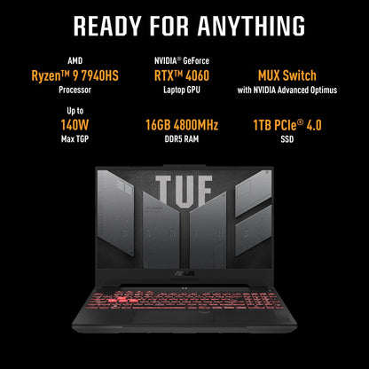 ASUS TUF गेमिंग A15 (2023) 90WHr बैटरी के साथ Ryzen 9 ऑक्टा कोर 7940HS - (16 GB/1 TB SSD/Windows 11 Home/8 GB ग्राफ़िक्स/NVIDIA GeForce RTX 4060/165 Hz) FA577XV-HQ036WS गेमिंग लैपटॉप - 15.6 इंच, जैगर ग्रे, 2.20 किग्रा, एमएस ऑफिस के साथ