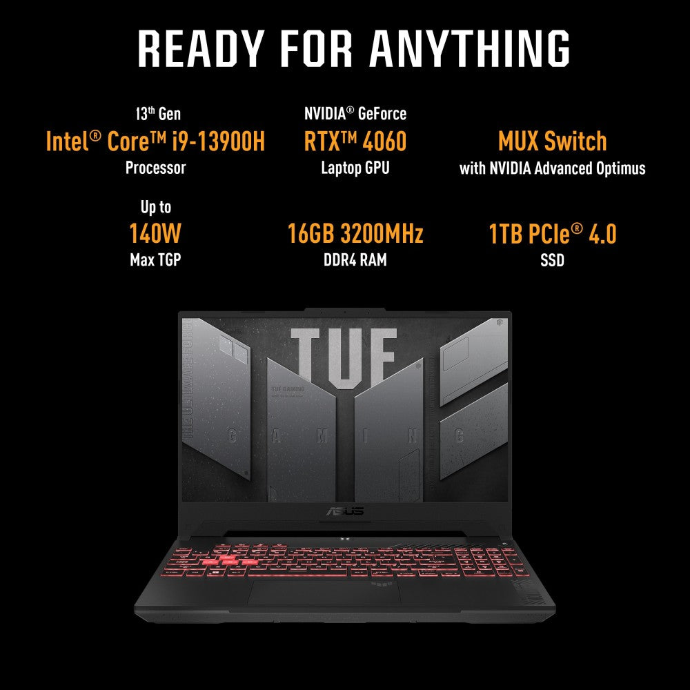 ASUS TUF गेमिंग F15 (2023) 90WHr बैटरी के साथ Intel H-Series Core i9 13वीं पीढ़ी - (16 GB/1 TB SSD/Windows 11 Home/8 GB ग्राफ़िक्स/NVIDIA GeForce RTX 4060/144 Hz) FX507VV-LP071WS गेमिंग लैपटॉप - 15.6 इंच, मेचा ग्रे, 2.20 किलोग्राम, एमएस ऑफिस के साथ