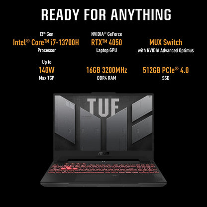 ASUS TUF गेमिंग F15 (2023) 90WHr बैटरी के साथ Intel H-Series Core i7 13वीं पीढ़ी - (16 GB/512 GB SSD/Windows 11 Home/6 GB ग्राफ़िक्स/NVIDIA GeForce RTX 4050/144 Hz) FX507VU-LP083WS गेमिंग लैपटॉप - 15.6 इंच, मेचा ग्रे, 2.20 किलोग्राम, एमएस ऑफिस के साथ