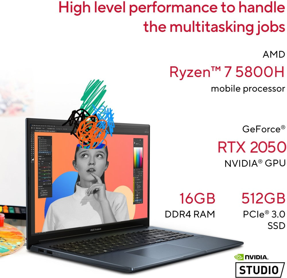 ASUS Vivobook Pro 15 Ryzen 7 Octa Core 5800H - (16 GB/512 GB SSD/Windows 11 Home/4 GB ग्राफ़िक्स/NVIDIA GeForce RTX 2050/144 Hz) M6500QF-HN741WS क्रिएटर लैपटॉप - 15.6 इंच, शांत नीला, 1.80 किलोग्राम, साथ में एमएस ऑफिस