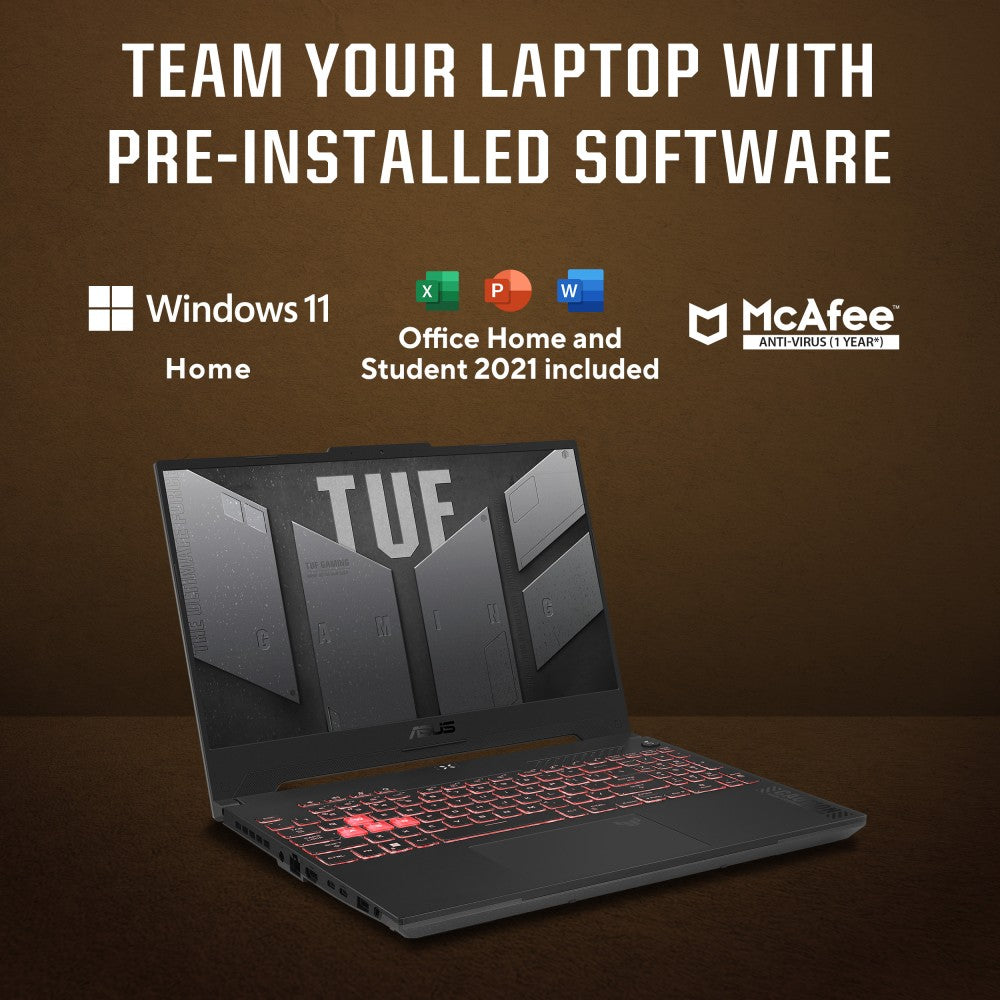 ASUS TUF गेमिंग F15 (2023) 90WHr बैटरी के साथ Intel H-Series Core i7 13वीं पीढ़ी - (16 GB/512 GB SSD/Windows 11 Home/6 GB ग्राफ़िक्स/NVIDIA GeForce RTX 4050/144 Hz) FX507VU-LP083WS गेमिंग लैपटॉप - 15.6 इंच, मेचा ग्रे, 2.20 किलोग्राम, एमएस ऑफिस के साथ