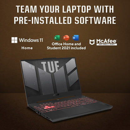 ASUS TUF गेमिंग F15 (2023) 90WHr बैटरी के साथ Intel H-Series Core i7 13वीं पीढ़ी - (16 GB/512 GB SSD/Windows 11 Home/6 GB ग्राफ़िक्स/NVIDIA GeForce RTX 4050/144 Hz) FX507VU-LP083WS गेमिंग लैपटॉप - 15.6 इंच, मेचा ग्रे, 2.20 किलोग्राम, एमएस ऑफिस के साथ