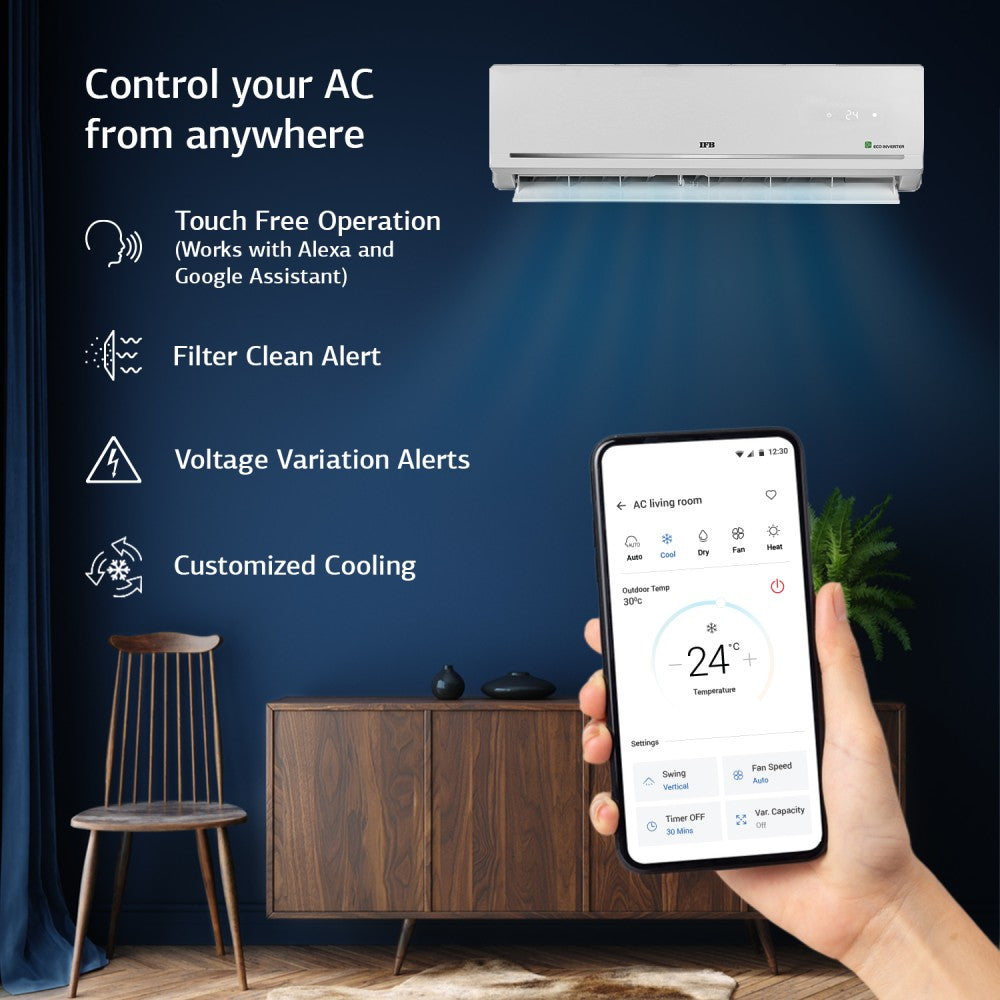 IFB FastCool Convertible 8-in-1 Cooling, 2023 Model 1.5 Ton 3 Star Split Inverter 7 Stage Air Treatment AC with Wi-fi Connect  - White - CI1833F223G5, Copper Condenser