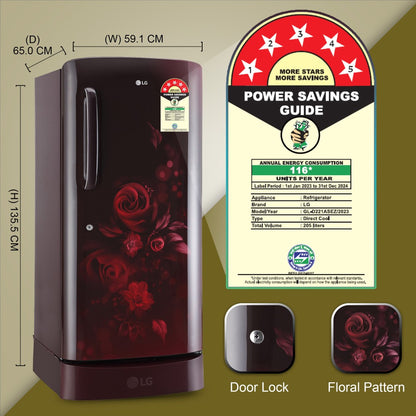 LG 205 L Direct Cool Single Door 5 Star Refrigerator with Base Drawer  with Smart Inverter Compressor, Moist 'N' Fresh & Humidity Controller - Scarlet Euphoria, GL-D221ASEZ