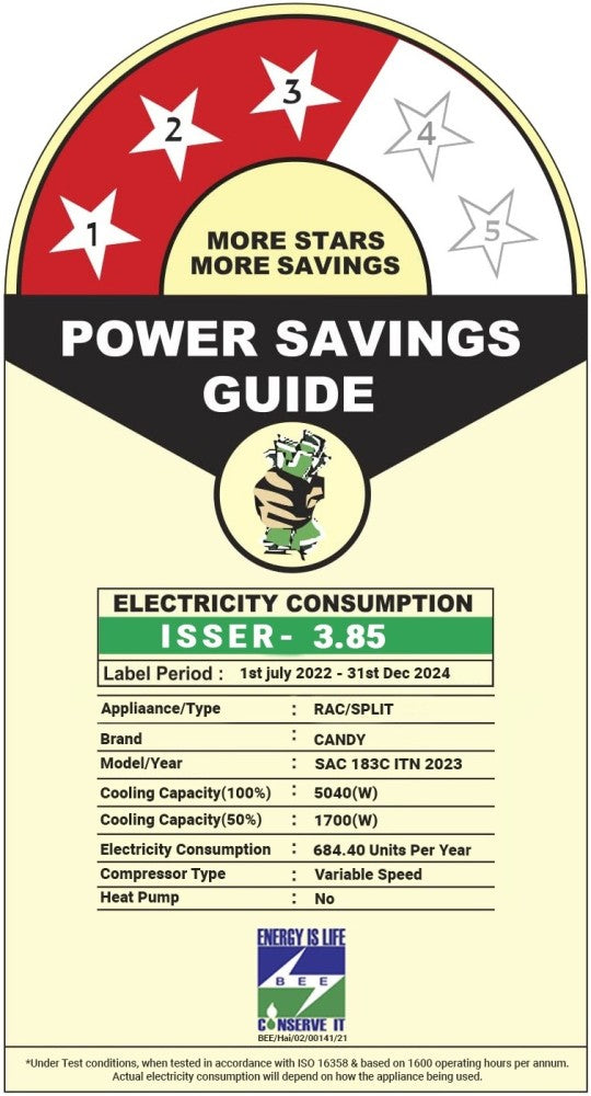 CANDY 1.5 Ton 3 Star Split Inverter AC  - White - SAC 183C ITN/CS 183C ITN/CU 183C ITN, Copper Condenser