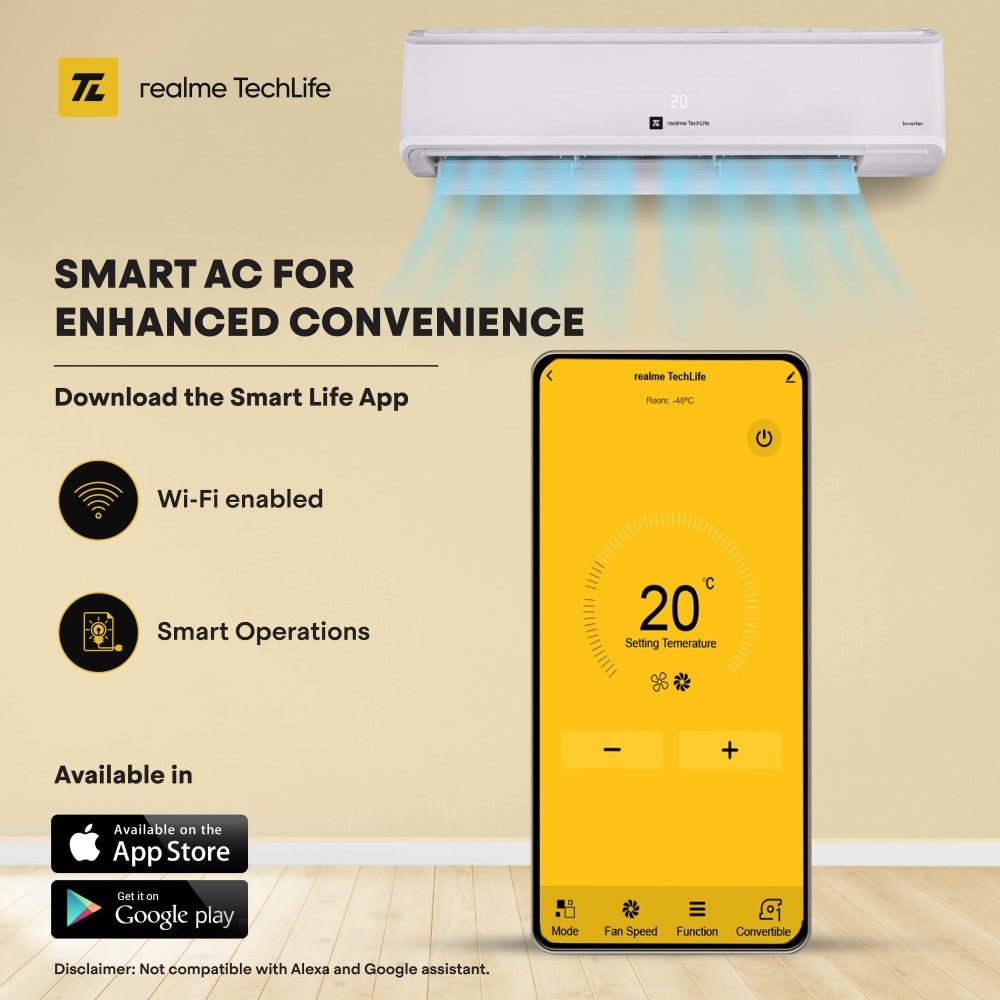 realme TechLife 1.5 Ton 5 Star Split Inverter Smart AC with Wi-fi Connect  - White - 155SIAA22BWRS, Copper Condenser