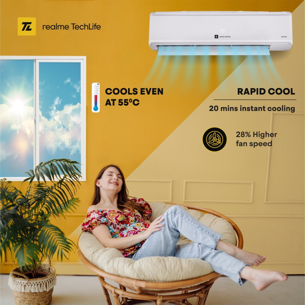 realme TechLife 1.5 Ton 5 Star Split Inverter Smart AC with Wi-fi Connect  - White - 155SIAA22BWRS, Copper Condenser