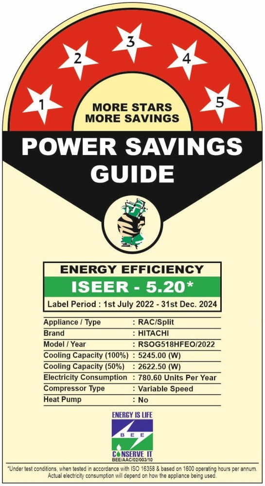 हिताची 1.5 टी 5 स्टार स्प्लिट इन्वर्टर एसी - सफेद, सोना - आरएसओजी518एचएफईओ/ईएसओजी518एचएफईओ/सीएसओजी518एचएफईओ/सीएस518एचएफईओ, कॉपर कंडेनसर