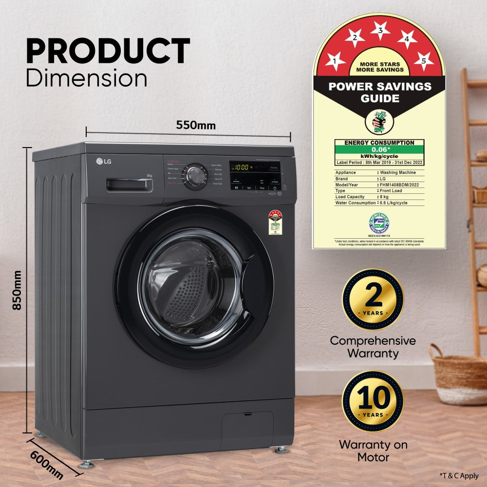 LG 8 kg Fully Automatic Front Load Washing Machine with In-built Heater Black, Grey - FHM1408BDM