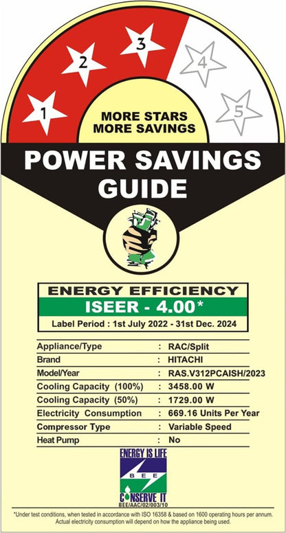 Hitachi 1 Ton 3 Star Split Inverter AC  - White - RAS.V312PCAISH, Copper Condenser