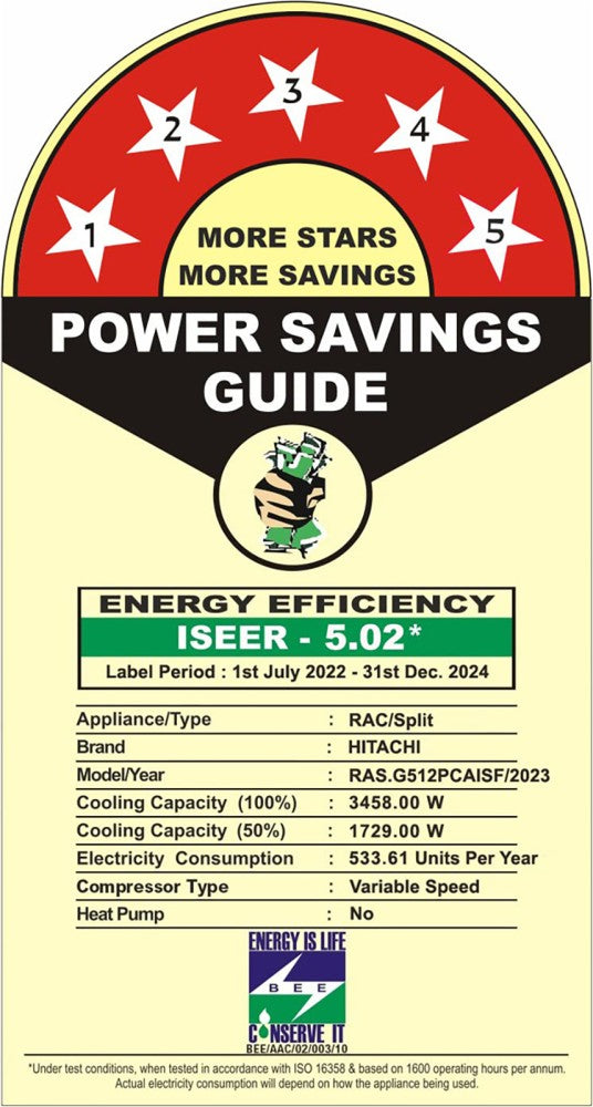 Hitachi 1 Ton 5 Star Split Inverter AC  - White - RAS.G512PCAISF, Copper Condenser