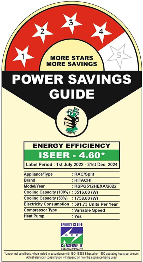 हिताची 1 टन 4 स्टार स्प्लिट इन्वर्टर एसी - सफेद - RSPG512HEXA, कॉपर कंडेनसर