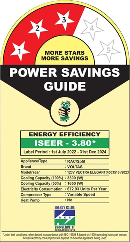 वोल्टास 1 टन 3 स्टार स्प्लिट इन्वर्टर एसी - सफेद - 123V वेक्ट्रा एलिगेंट (4503516), कॉपर कंडेनसर