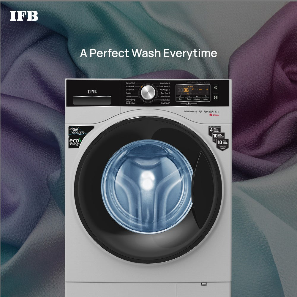 IFB 8 kg Steam Wash 4 years Comprehensive Warranty Fully Automatic Front Load Washing Machine with In-built Heater Silver - SENATOR SXS 8012