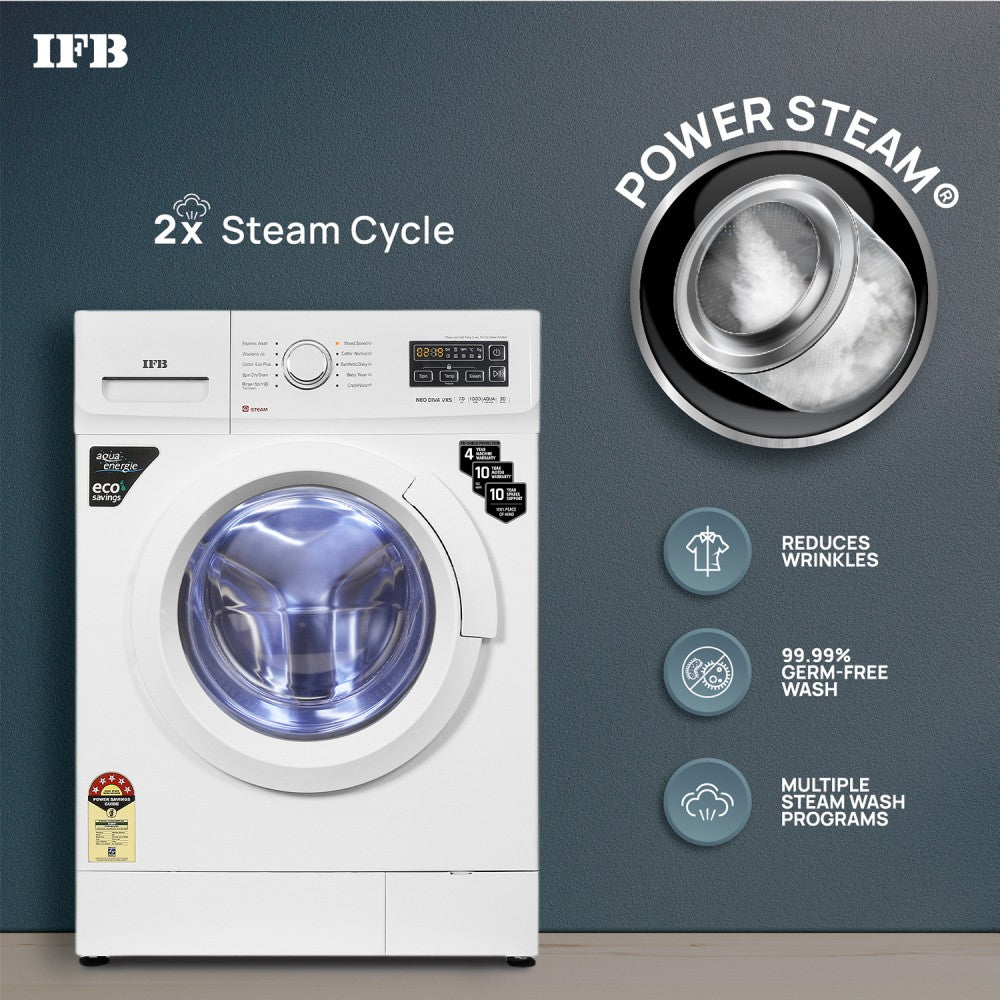 IFB 7 kg with Steam Wash, Aqua Energie, Anti-Allergen 4 years Comprehensive Warranty Fully Automatic Front Load Washing Machine with In-built Heater White - NEO DIVA VXS 7010