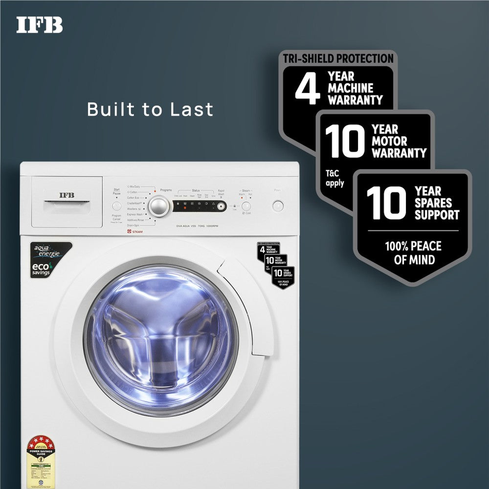 IFB 7 kg 5 Star 2X Power Steam,Hard Water Wash Fully Automatic Front Load Washing Machine with In-built Heater White - Diva Aqua VSS 7010