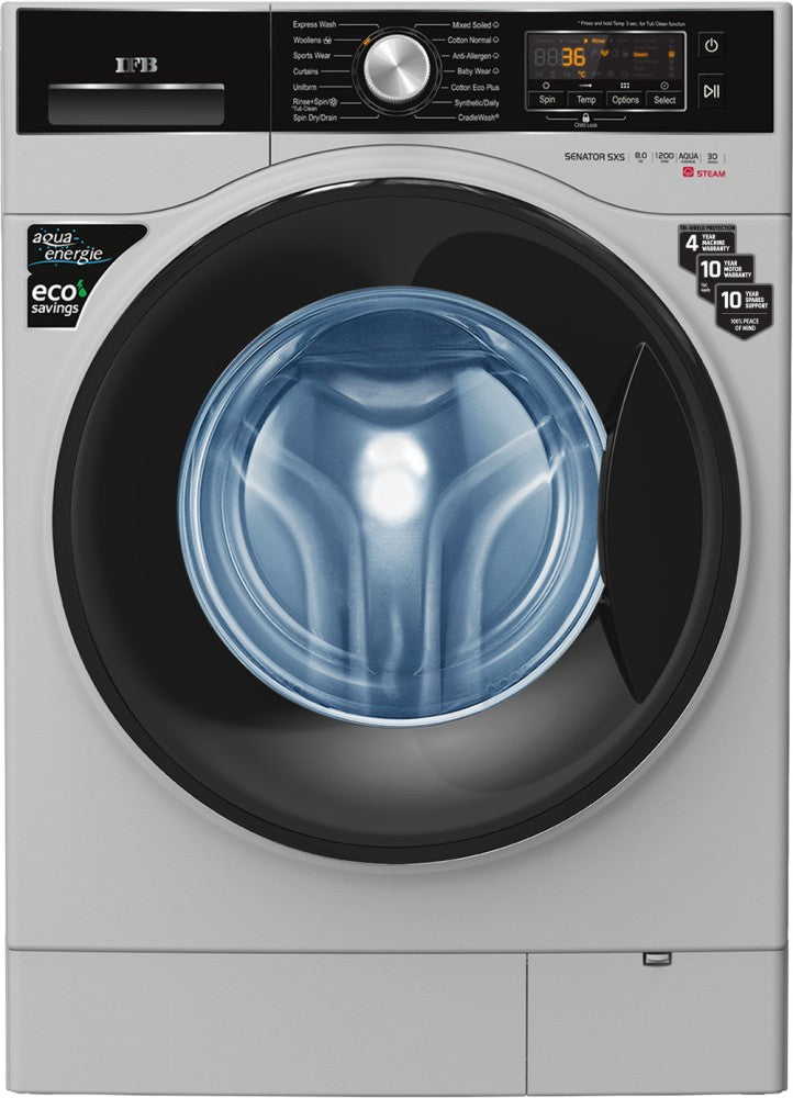 IFB 8 kg Steam Wash 4 years Comprehensive Warranty Fully Automatic Front Load Washing Machine with In-built Heater Silver - SENATOR SXS 8012