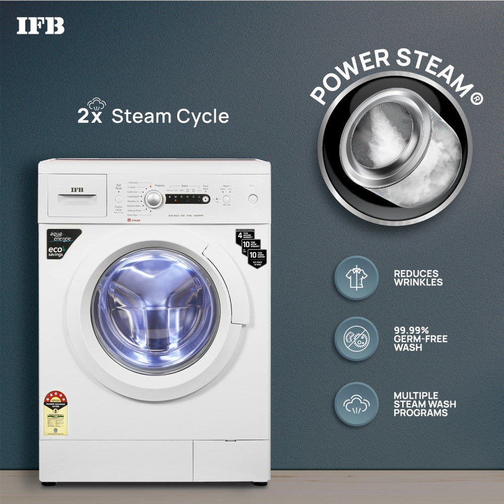 IFB 7 kg 5 Star 2X Power Steam,Hard Water Wash Fully Automatic Front Load Washing Machine with In-built Heater White - Diva Aqua VSS 7010