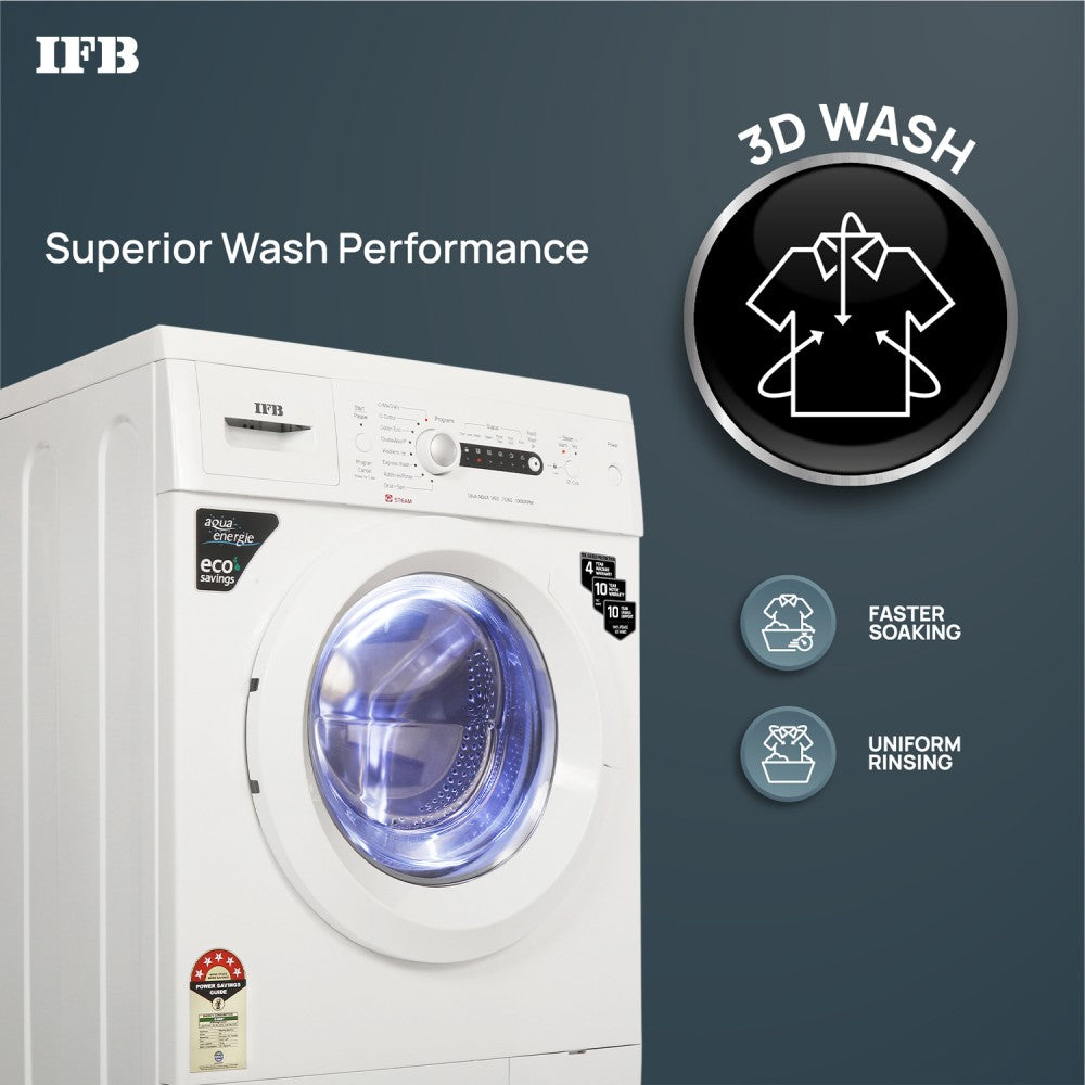 IFB 7 kg 5 Star 2X Power Steam,Hard Water Wash Fully Automatic Front Load Washing Machine with In-built Heater White - Diva Aqua VSS 7010